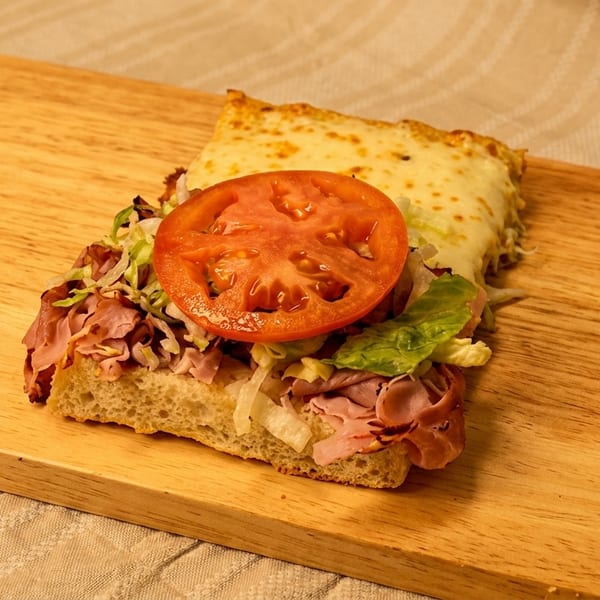 A deli sandwich with meat, cheese, lettuce, and a tomato slice on a wooden cutting board.