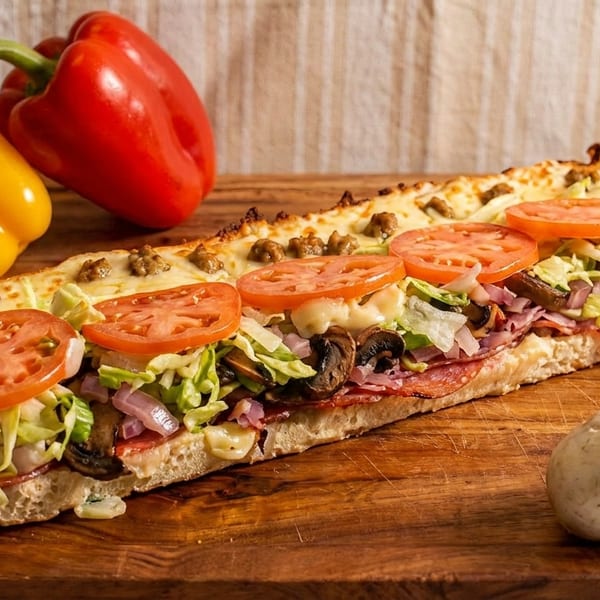 A large, loaded sub sandwich with melted cheese, tomatoes, and fresh vegetables on a wooden board.