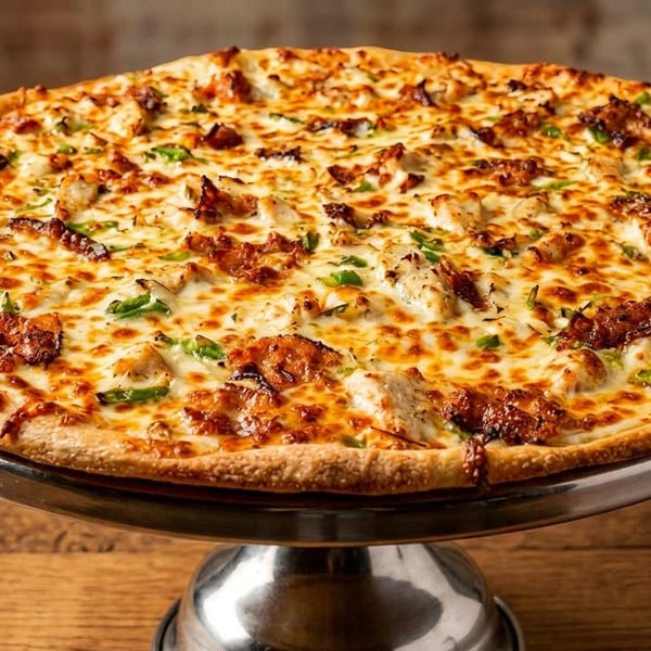 A large, golden-crusted pizza with melted cheese, chicken, bacon, and green peppers on a silver stand.