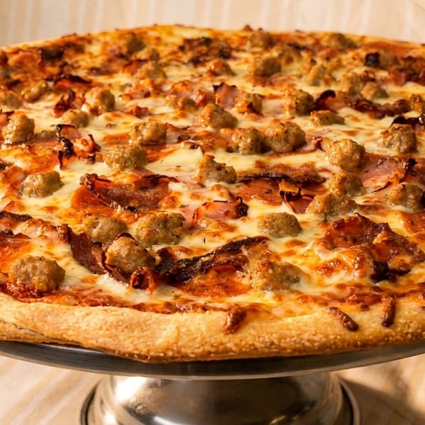 Close-up of a large, hot pizza loaded with pepperoni, sausage, and bacon on a metal stand.