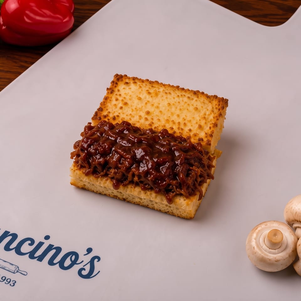 Toasted rectangular sandwich filled with saucy shredded meat on a Mancino’s plate, surrounded by peppers and mushrooms.