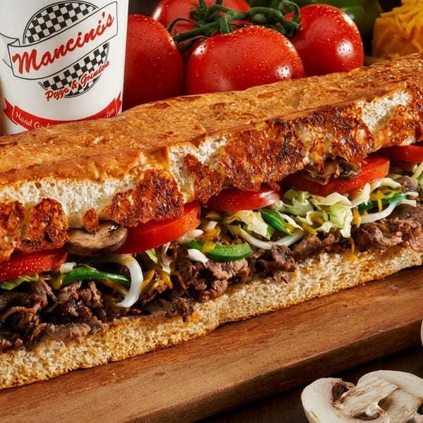A large Mancini's steak and cheese sub with fresh vegetables and a branded cup.