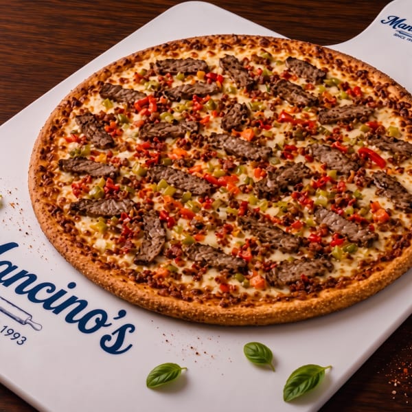 Mancino’s pizza topped with steak strips, crumbled meat, red and green peppers, and melted cheese on a branded serving board.