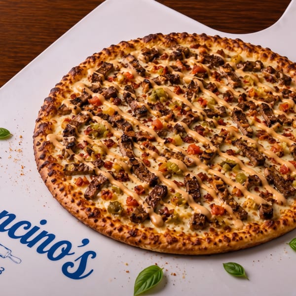 Golden-brown pizza topped with grilled meat, vegetables, melted cheese, and drizzled sauce on a branded Mancino’s serving board.